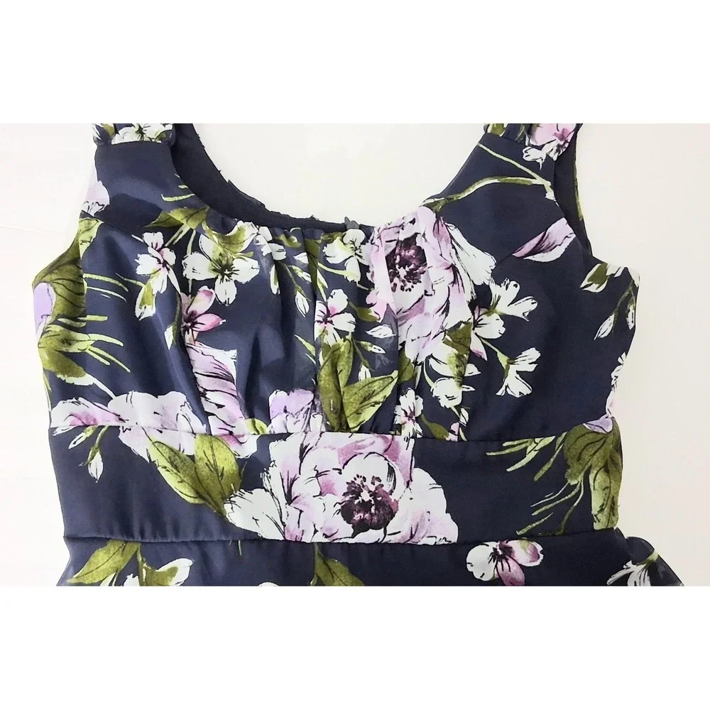 Connected Apparel Dress Size 6 Navy Purple Floral Sleeveless Lined Pre-owned